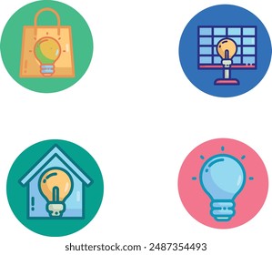 Lig Bulb icon in circle shape- bag, pc, home, and bulb icon in colorful background- eps file- fully editable