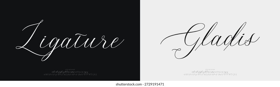 Ligadura Gladis, Script elegante alfabeto beleza logotipo fonte. Clássico bonito Moderno luxo Serif Letra Moda Mínima. Tipografia decoração logotipo fontes, casamento, logos. ilustração vetorial