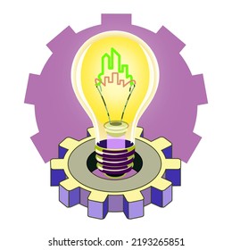lighbulb inside a cog, illuminating city