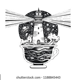 Lighghouse in coffee cup with ocean waves. Black silhouette for t-shirt print or tattoo. Hand drawn surreal design for  apparel. Vintage vector illustration, sketch isolated on white background