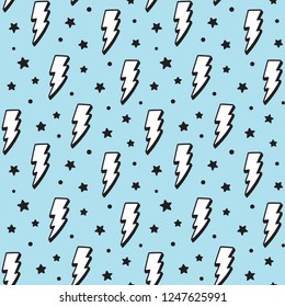 Lighning bolt and star seamless pattern. Cute hand drawn doodles, retro comic style. Vector texture illustration.
