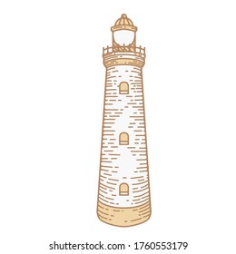 lighouse tower building vector hand drawn graphic illustration in retro vintage engraving style. branding elements and logo design assets, clip art on white background