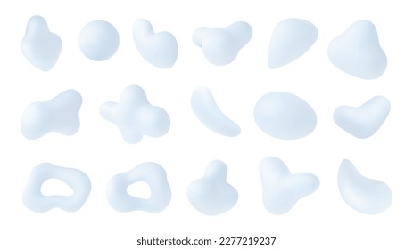 Light 3d abstract various liquid shapes. White design plasticine, render elements. Isolated forms collection, vector digital graphic set