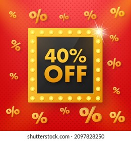 La luz 40% de descuento en el estilo retro en el fondo rojo. Diseño vintage, retro. Fondo aislado. Cartel de venta. Diseño de banner de descuento.