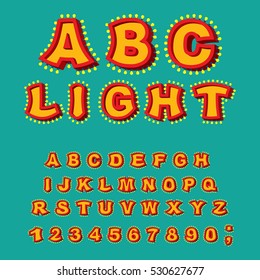 Light ABC. Retro Alphabet with lamps. Glowing letters. font pointer with shine bulb. Vintage Glittering lights lettering