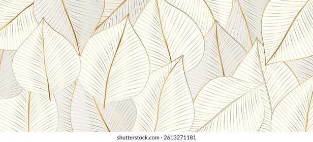 Light abstract art background with white exotic leaves in golden line style. Botanical banner for decor, wallpaper, print, textile, poster, packaging, interior design.