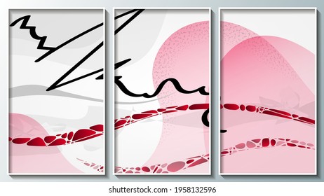 light abstract art triptych of three images in thin white frames. smoothly curved groups of black-red art objects, translucent overlapping shapes, wavy stripes, halftones on a light background. vector