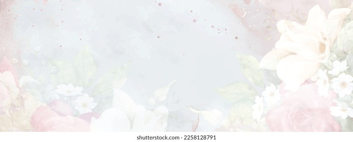 Light abstract art of watercolor flowers and splashes on stains for banner background. Watercolor nature design with pink tones, suitable for background decoration, header, weddings, cards, or web.