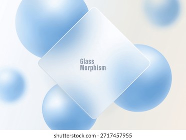 Fondo abstracto ligero en estilo de morfismo de vidrio con panel de diamante mate y esferas azules suaves en superficie de gradiente de luz
