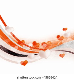 light abstract background with orange wavy lines, hearts and transparent bands