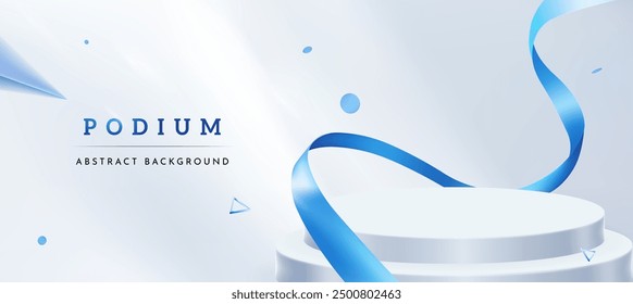 Light Abstract Background with Podium and Blue Ribbon, Vector Illustration