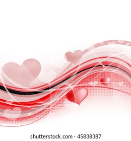light abstract background with red wavy lines, hearts and transparent bands