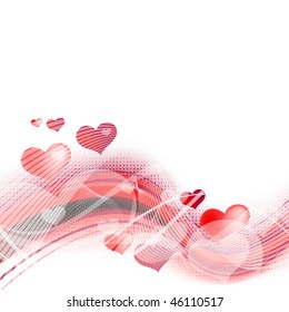 light abstract background with red wavy lines, hearts and transparent bands
