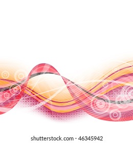 light abstract background with red and yellow wavy lines, transparent bands and circles