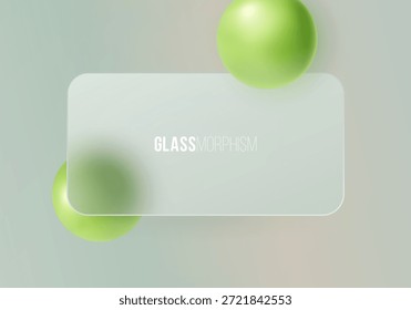 Fondo abstracto ligero con Anuncio de vidrio translúcido y esferas verdes flotantes, composición geométrica mínima para UI moderno, Web y diseño App.