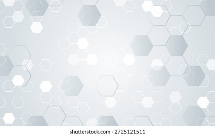 Light abstract background with transparent overlapping hexagons, modern geometric pattern in soft gray and white tones, suitable for technology, medical, scientific and futuristic design concepts.