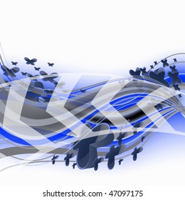 light abstract background with wavy blue lines, crosses and transparent arrows