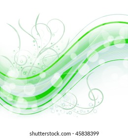 light abstract background with wavy green lines, glares and ornament with circles