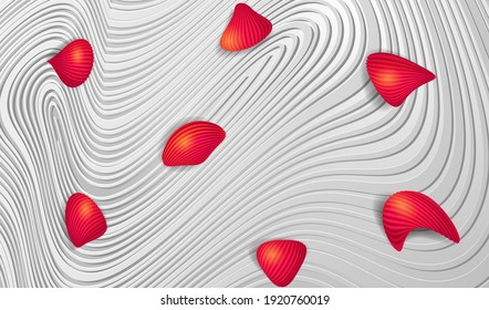 Light abstract background. White surface waves texture and red 3D shapes