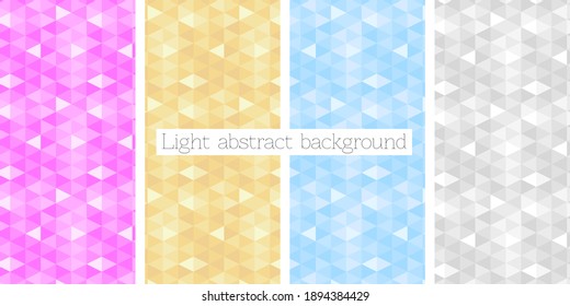 Light abstract backgrounds with triangles in blue, gold, pink, yellow, white and gray. Set of seamless patterns