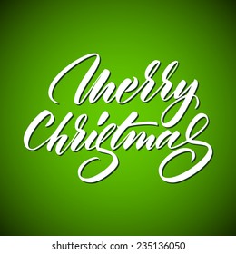 Light abstract calligraphy, lettering with merry Christmas text and green background for internet sites, gift cards and presentations. Vector illustration.