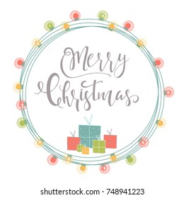 Light abstract Christmas background with hand drawn lettering. Winter holiday illustration with presents and garlands. Template for decoration, greeting cards, invitations.