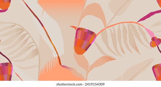 Light abstract exotic flowers pattern. Warm colors botanical contemporary seamless pattern. Hand drawn unique print.