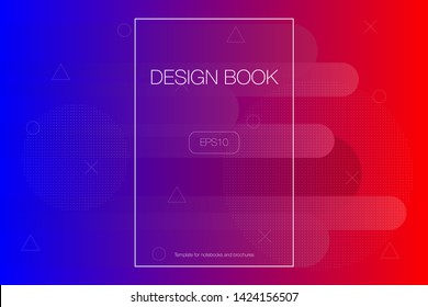 Light abstract geometric background with many lines, dotted circles, triangles and plus symbols with notebook or brochure template and some example labels. Modern and colorful design for flyers.