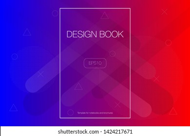 Light abstract geometric background with many lines, dotted circles, triangles and plus symbols with notebook or brochure template and some example labels. Modern and colorful design for flyers.