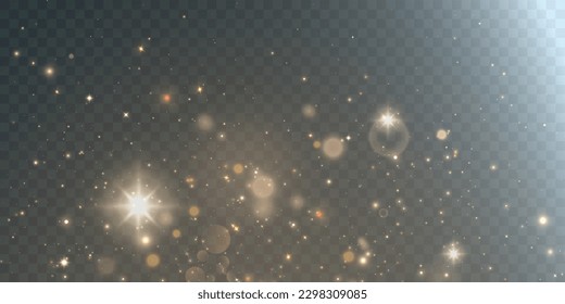 Light abstract glowing bokeh highlights. Light bokeh effect isolated on transparent background. The Christmas background shines from the dust. Christmas concept for design and illustrations.