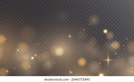 Luz abstrata brilhante bokeh destaques. Efeito de bokeh claro isolado no fundo transparente. O fundo do Natal brilha pelo pó. Conceito de Natal para design e ilustrações.