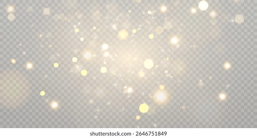Luz abstrata brilhante bokeh destaques. Efeito de bokeh claro isolado no fundo transparente. O fundo do Natal brilha pelo pó. Conceito de Natal para design e ilustrações.