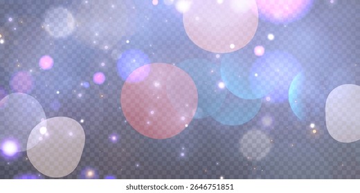 Luz abstrata brilhante bokeh destaques. Efeito de bokeh claro isolado no fundo transparente. O fundo do Natal brilha pelo pó. Conceito de Natal para design e ilustrações.