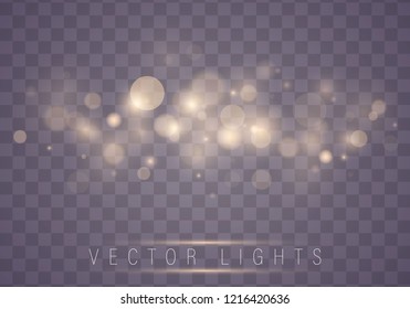 Light abstract glowing bokeh lights. Bokeh lights effect isolated on transparent background. Festive purple and golden luminous background. Christmas concept.