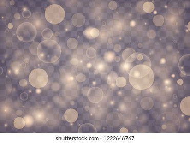 Light abstract glowing bokeh lights. Bokeh lights effect isolated on transparent background. Festive purple and golden luminous background. Christmas concept.