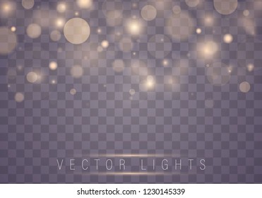 Light abstract glowing bokeh lights. Bokeh lights effect isolated on transparent background. Festive purple and golden luminous background. Christmas concept.