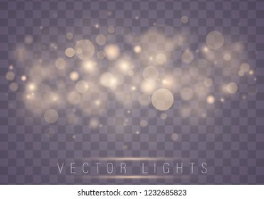 Light abstract glowing bokeh lights. Bokeh lights effect isolated on transparent background. Festive purple and golden luminous background. Christmas concept.