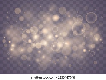 Light abstract glowing bokeh lights. Bokeh lights effect isolated on transparent background. Festive purple and golden luminous background. Christmas concept.