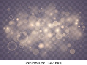 Light abstract glowing bokeh lights. Bokeh lights effect isolated on transparent background. Festive purple and golden luminous background. Christmas concept.