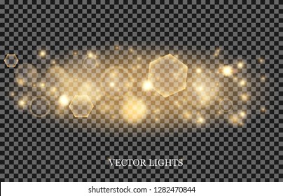 Light abstract glowing bokeh lights. Bokeh lights effect isolated on transparent background. Festive purple and golden luminous background. Christmas concept.
