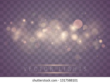 Light abstract glowing bokeh lights. Bokeh lights effect isolated on transparent background. Festive purple and golden luminous background. Christmas concept.