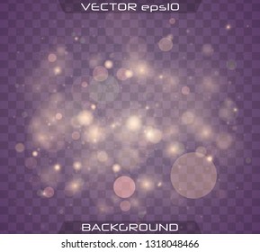 Light abstract glowing bokeh lights. Bokeh lights effect isolated on transparent background. Festive purple and golden luminous background. Christmas concept.