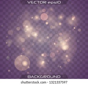 Light abstract glowing bokeh lights. Bokeh lights effect isolated on transparent background. Festive purple and golden luminous background. Christmas concept.