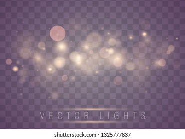 Light abstract glowing bokeh lights. Bokeh lights effect isolated on transparent background. Festive purple and golden luminous background. Christmas concept.