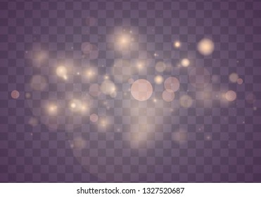 Light abstract glowing bokeh lights. Bokeh lights effect isolated on transparent background. Festive purple and golden luminous background. Christmas concept.