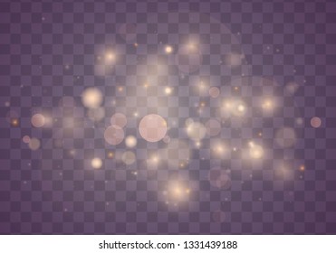 Light abstract glowing bokeh lights. Bokeh lights effect isolated on transparent background. Festive purple and golden luminous background. Christmas concept.
