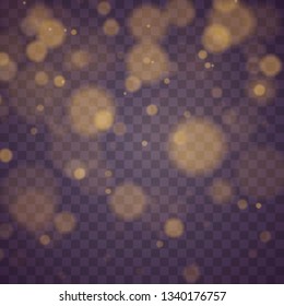 Light abstract glowing bokeh lights. Bokeh lights effect isolated on transparent background. Festive purple and golden luminous background. Christmas concept.