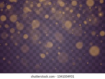 Light abstract glowing bokeh lights. Bokeh lights effect isolated on transparent background. Festive purple and golden luminous background. Christmas concept.