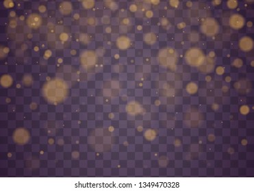 Light abstract glowing bokeh lights. Bokeh lights effect isolated on transparent background. Festive purple and golden luminous background. Christmas concept.