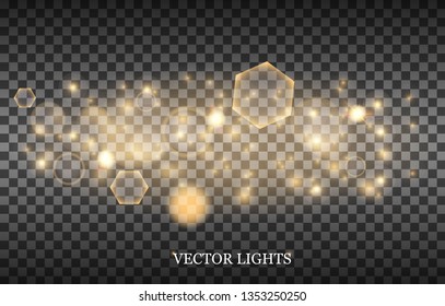 Light abstract glowing bokeh lights. Bokeh lights effect isolated on transparent background. Festive purple and golden luminous background. Christmas concept.